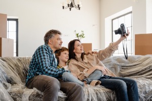 Family is taking a selfie on the couch in his new house.